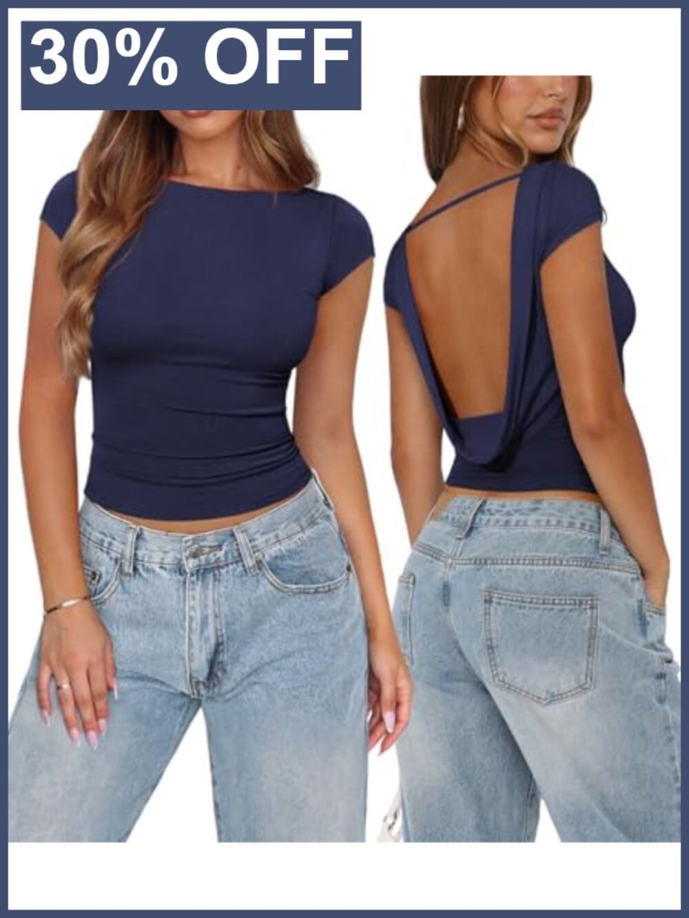 Women's Open Back Cowl Back Top Cap Sleeve Cropped Fitted Knit Blouse